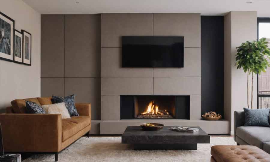 minimalist fireplace under flat TV screen 